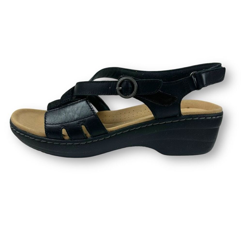 Clarks Women's 8.5 Merkiah Bonita Adjustable Strap Chunky Sandals‎ Black Leather